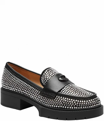 COACH Leah Crystal Embellished Leather Lug Sole Block Heel Loafers