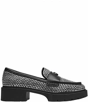 COACH Leah Crystal Embellished Leather Lug Sole Block Heel Loafers