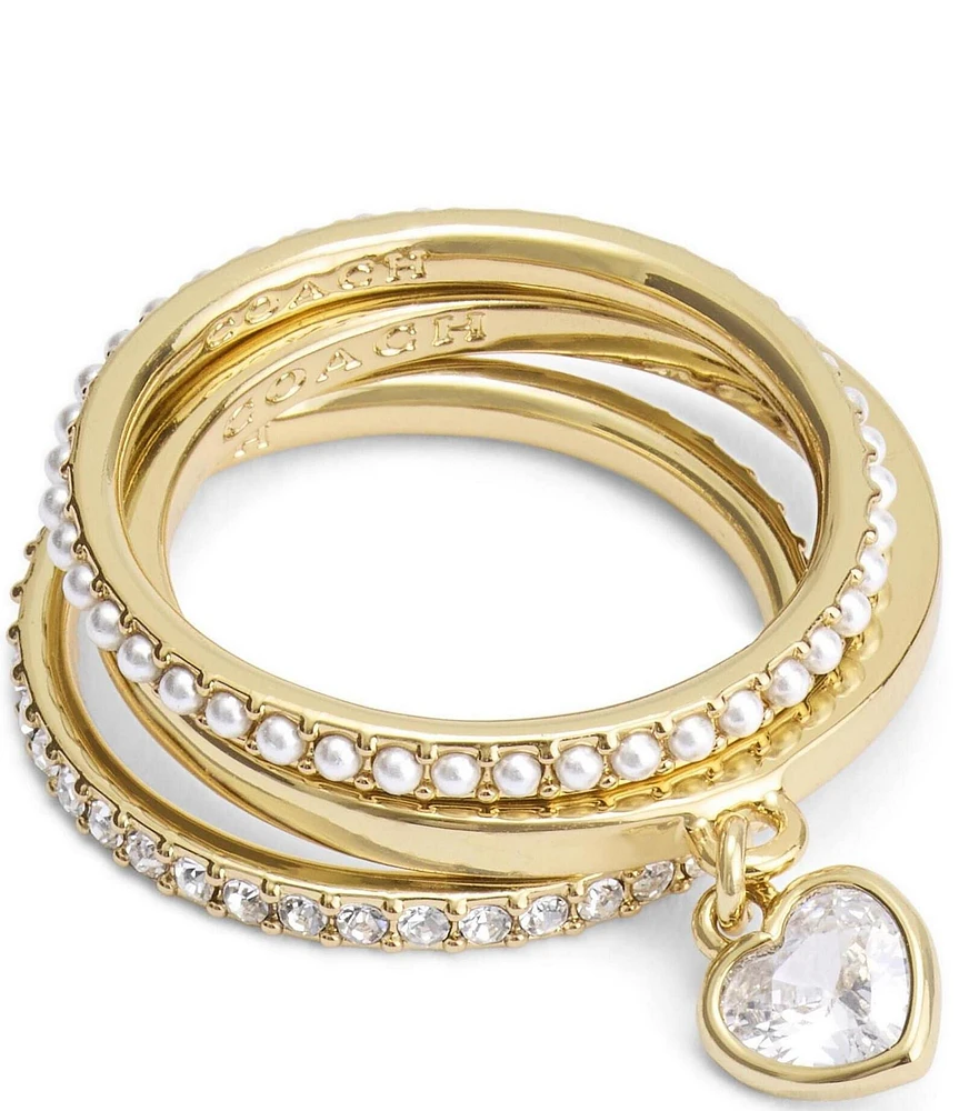 COACH Rhinestone Heart Charm Pearl Band Ring Set