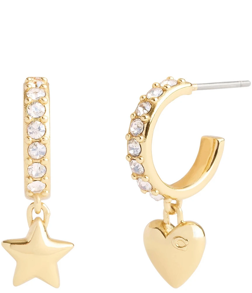 COACH Signature Crystal Heart & Star Charm Huggie Hoop Earrings