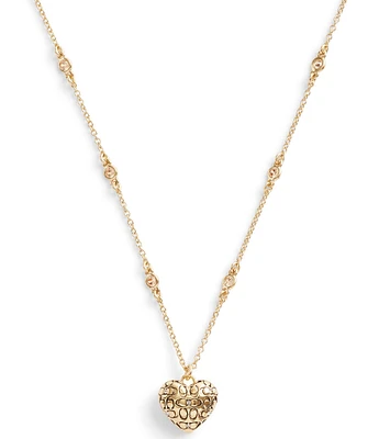 COACH Signature Logo Quilted Heart Crystal Pendant Necklace