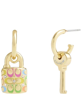 COACH Signature Rainbow Quilted Lock & Key Charm Huggie Hoop Earrings