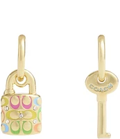 COACH Signature Rainbow Quilted Lock & Key Charm Huggie Hoop Earrings