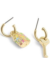 COACH Signature Rainbow Quilted Lock & Key Charm Huggie Hoop Earrings