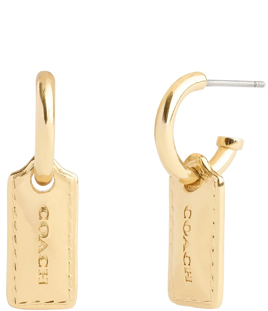 COACH Signature Stitched Hangtag Charm Huggie Hoop Earrings