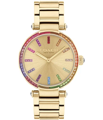 COACH Women's Cary Quartz Analog Rainbow Crystal Pave Gold Tone Stainless Steel Bracelet Watch