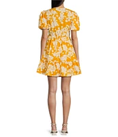 Coco + Jaimeson Puff Short Sleeve Floral Print Tie Front Keyhole Dress