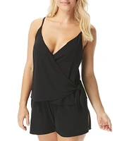 Coco Contours Chroma Solid Jersey Knit Surplice V-Neck Bra Size Functional Wrap Swim Romper