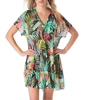 Coco Reef Cosmic Jungle Encourage V-Neck Short Sleeve Mesh Swim Cover-Up Dress