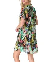 Coco Reef Cosmic Jungle Encourage V-Neck Short Sleeve Mesh Swim Cover-Up Dress
