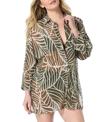 Coco Reef Palm Leaf Mesh Point Collar Button Front Shirt Swim Cover-Up