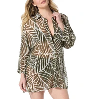 Coco Reef Palm Leaf Mesh Point Collar Button Front Shirt Swim Cover-Up