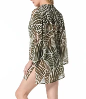 Coco Reef Palm Leaf Mesh Point Collar Button Front Shirt Swim Cover-Up