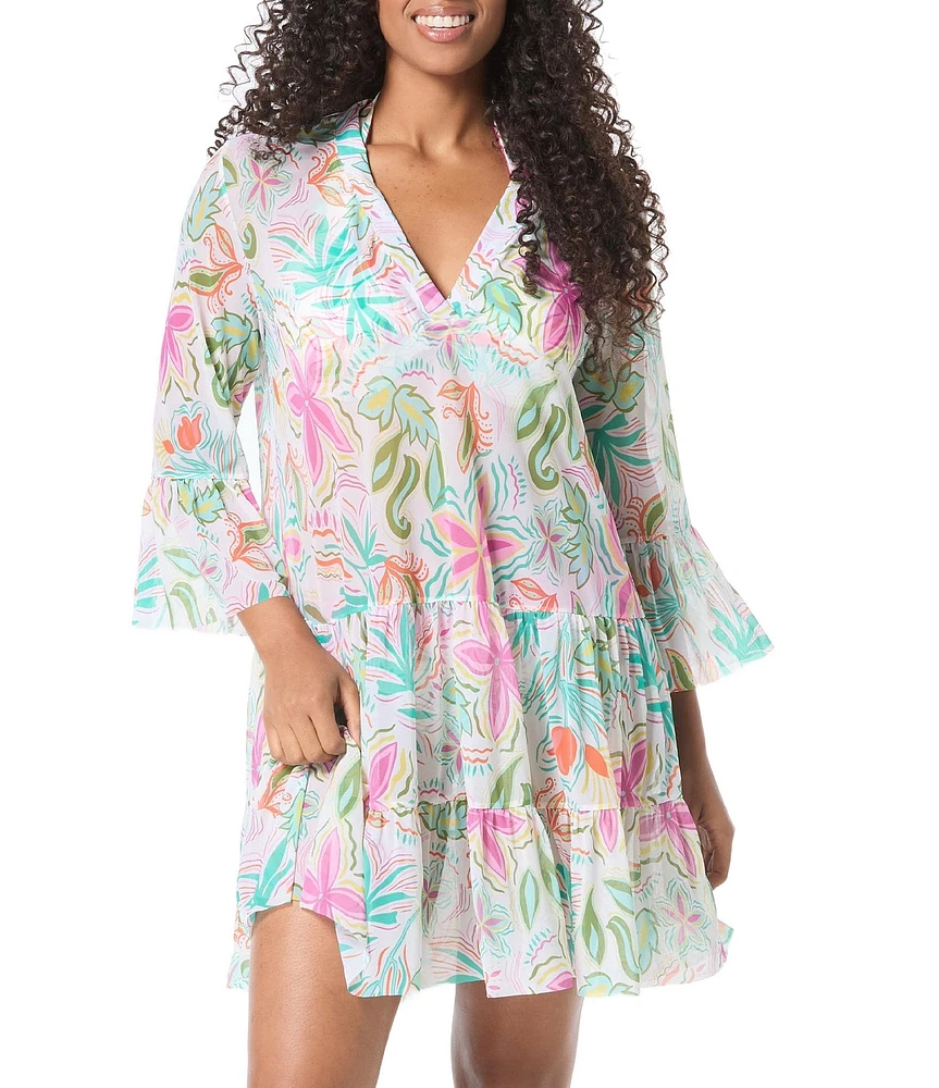 Coco Reef Solstice Bloom Enchant Mesh V-Neck Swim Cover-Up Dress