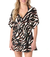 Coco Reef Wild Zebra Adorn V-Neck Short Sleeve Swim Cover-Up Dress
