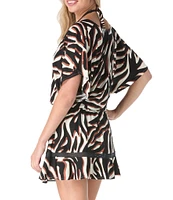 Coco Reef Wild Zebra Adorn V-Neck Short Sleeve Swim Cover-Up Dress