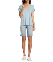 Code Bleu Chelsea Stretch Denim Stripe Print High Rise Bermuda Shorts