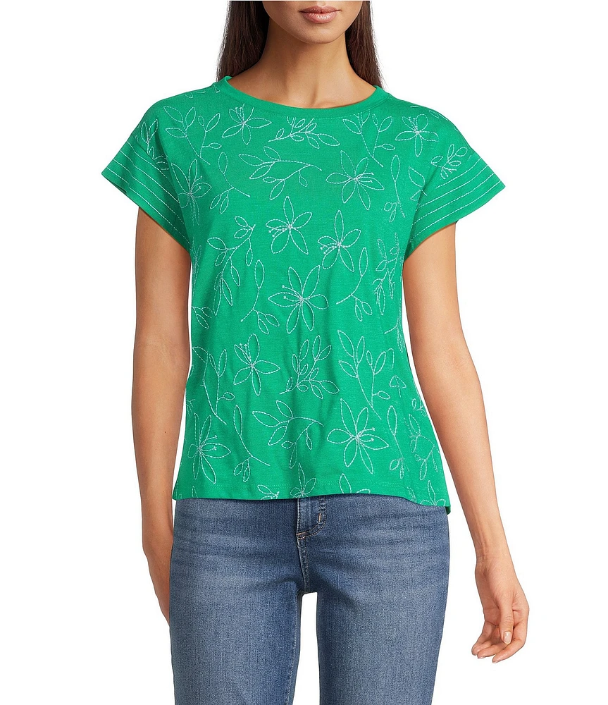 Code Bleu Crew Neck Short Sleeve Floral Embroidered Tee Shirt
