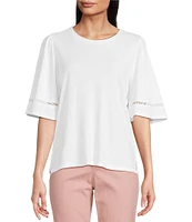 Code Bleu Knit Crew Neck Short Sleeve Crochet Trim Top
