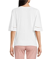 Code Bleu Knit Crew Neck Short Sleeve Crochet Trim Top