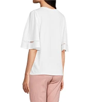 Code Bleu Knit Crew Neck Short Sleeve Crochet Trim Top