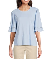 Code Bleu Knit Crew Neck Short Sleeve Crochet Trim Top