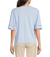 Code Bleu Knit Crew Neck Short Sleeve Crochet Trim Top