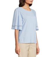 Code Bleu Knit Crew Neck Short Sleeve Crochet Trim Top