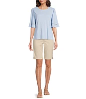 Code Bleu Knit Crew Neck Short Sleeve Crochet Trim Top
