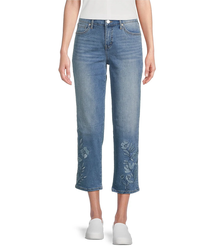 Code Bleu Petite Size Embroidered Floral Mid-Rise Capri Jeans