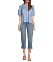 Code Bleu Petite Size Soho Twill High-Waist Fray Cuff Hem Capri Jeans