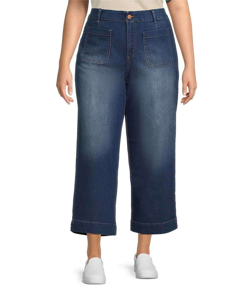 Code Bleu Plus Size Stretch Hollywood Waist High-Rise Wide-Leg Patch Pocket Cropped Jeans