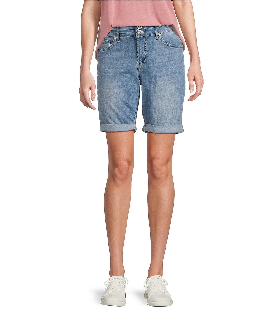 Code Bleu Soho Stretch Denim Mid Rise Embroidered Bermuda Shorts