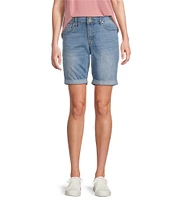 Code Bleu Soho Stretch Denim Mid Rise Embroidered Bermuda Shorts