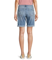 Code Bleu Soho Stretch Denim Mid Rise Embroidered Bermuda Shorts