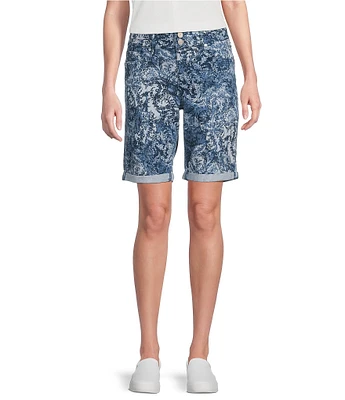 Code Bleu Stretch Denim Paisley Lace Soho High Rise Stacked Waist Double Button Bermuda Shorts