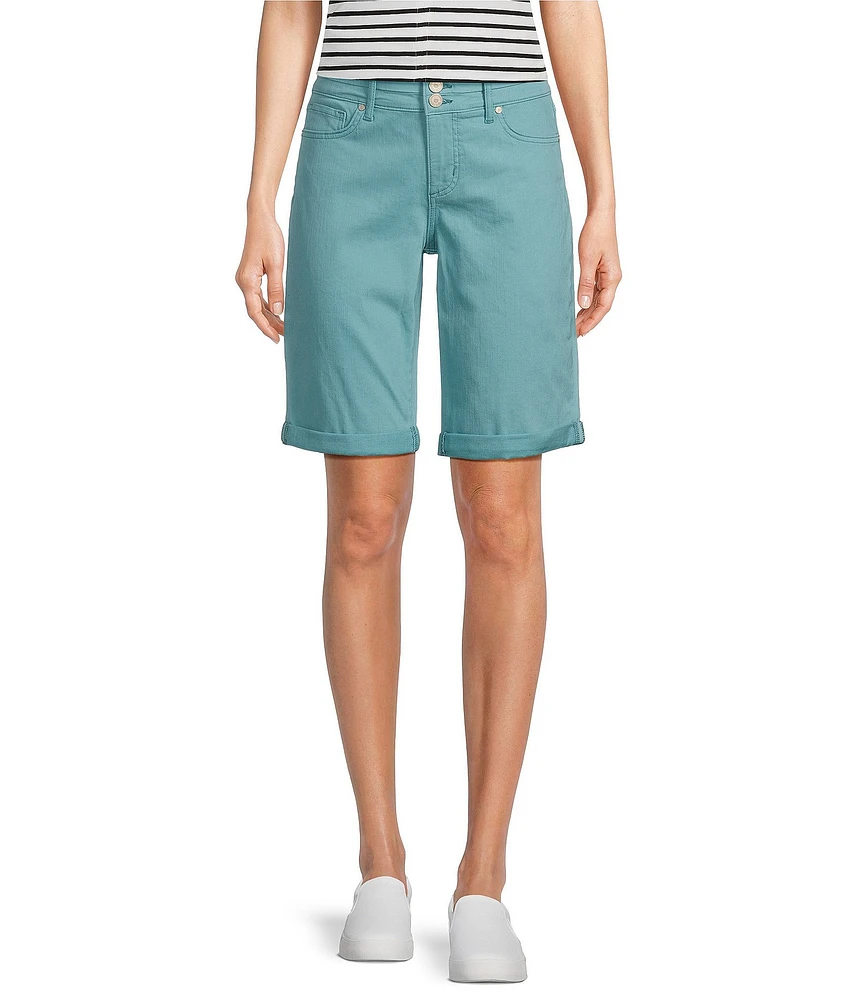 Code Bleu Stretch Denim Soho High Rise Stacked Waist Double Button Bermuda Shorts