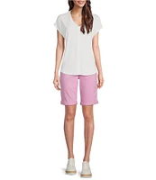 Code Bleu Stretch Denim Soho High Rise Stacked Waist Double Button Bermuda Shorts