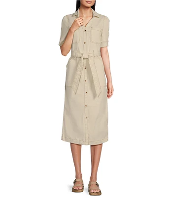 Code Bleu Stretch Denim Split V-Neck Short Sleeve Belted Shirt Midi Dress