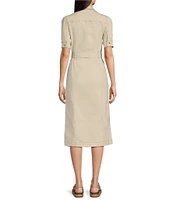 Code Bleu Stretch Denim Split V-Neck Short Sleeve Belted Shirt Midi Dress
