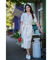 Code Bleu Stretch Denim Split V-Neck Short Sleeve Belted Shirt Midi Dress