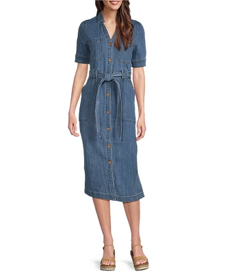 Code Bleu Stretch Denim Spread Collar Short Sleeve Shirt Midi Dress