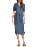 Code Bleu Stretch Denim Spread Collar Short Sleeve Shirt Midi Dress
