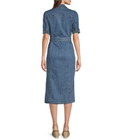 Code Bleu Stretch Denim Spread Collar Short Sleeve Shirt Midi Dress