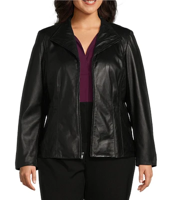 Cole Haan Plus Size Wing Collar Single Breasted Leather Moto Jacket