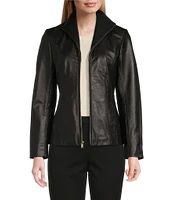 Cole Haan Single Breasted Wing Collar Long Sleeve Genuine Lambskin Leather Moto Jacket