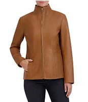 Cole Haan Single Breasted Wing Collar Long Sleeve Genuine Lambskin Leather Moto Jacket