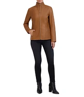 Cole Haan Single Breasted Wing Collar Long Sleeve Genuine Lambskin Leather Moto Jacket