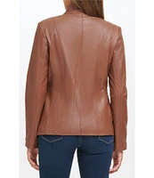 Cole Haan Single Breasted Wing Collar Long Sleeve Genuine Lambskin Leather Moto Jacket