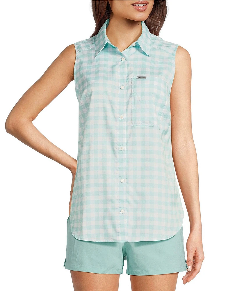 Columbia Anytime Lite Woven Plaid Print Point Collar Sleeveless Button Front Shirt